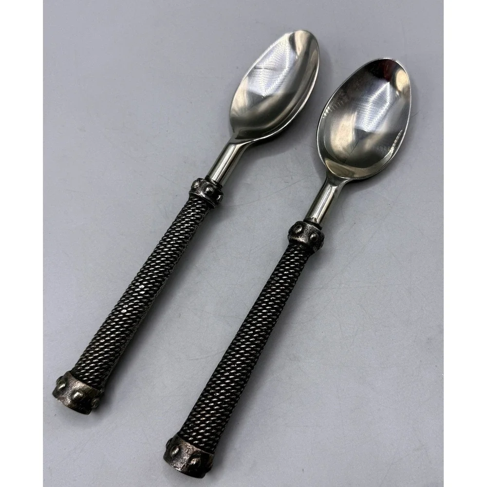 Pottery Barn Antique Rope Spoons Silver Metal Twisted Handle Set of 2 India
